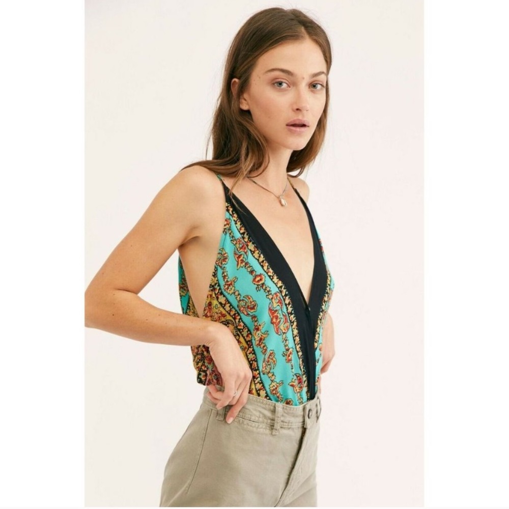 Free People Border Babe Bodysuit S Floral Plunge
